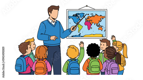 Classroom Journey: An inspiring educator guides a group of eager students through the wonders of geography, fostering curiosity and a passion for learning.