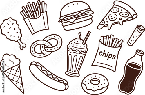 Hand drawn fast food icons set, burger pizza fries hotdog donut soda milkshake snack doodle vector illustration collection