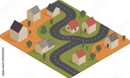 Isometric suburban neighborhood map illustration, winding road through houses, residential district vector, urban planning concept, modern city layout