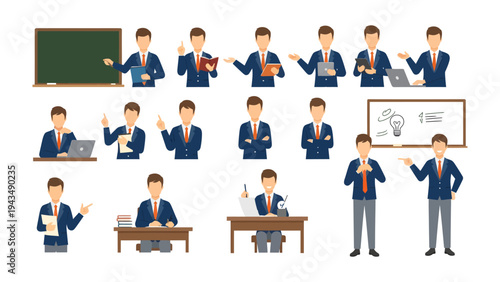 Teacher's instructional toolkit: A compilation of illustrations showcasing a teacher, conveying instruction, and demonstrating learning environments. From pointing gestures to engaging presentations.