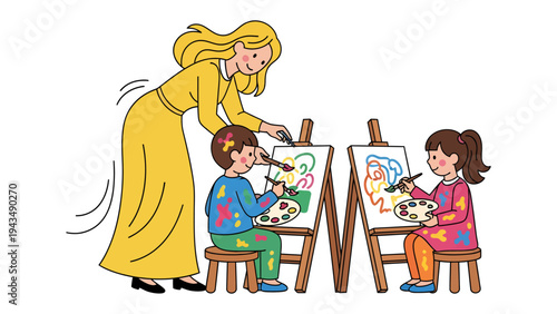 Artistic Guidance: A teacher gently guides two young students, as they eagerly paint colorful pictures on easels, embodying the spirit of creativity, inspiration and educational nurturing.
