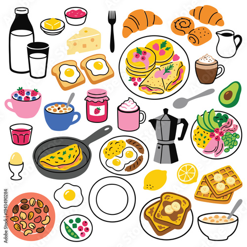 Delicious breakfast food spread with coffee and juice