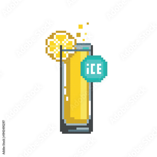 Pixel art glass of lemonade with lemon slice and ice cubes, refreshing summer cocktail icon isolated, 8-bit game asset. Refreshing yellow cocktail in tall glass, pixel art style