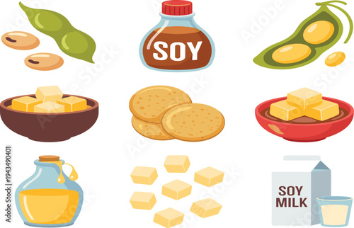 Soy products collection, soybean, soy milk, tofu cubes, soy sauce bottle, soy oil, plant based protein food vector set
