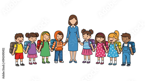 School Days Unity: A teacher and a group of happy children hold hands, standing together in front of the school, symbolizing unity, education, and friendship.