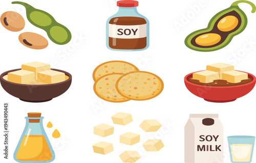 Soy products collection, soybean, soy milk, tofu cubes, soy sauce bottle, soy oil, plant based protein food vector set