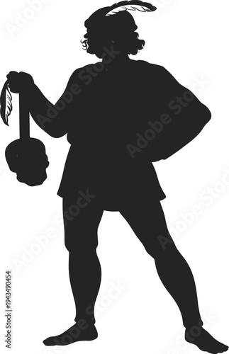 Black silhouette of Hamlet holding a skull for classic literature theater design