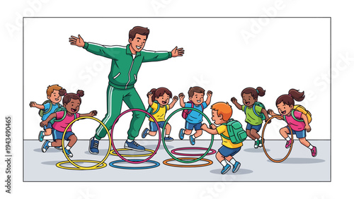 Playful School Day Activity: An engaging scene of a school coach leading a group of young students in a spirited play with hoops on a bright school day. It evokes energy, cooperation.
