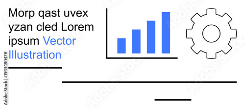 Business strategy, technology solutions, process optimization, data management, workflow analysis, productivity tools. Blue bar chart and gear icon on a white background. Business strategy