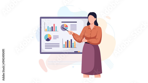 Business Presentation: A professional woman confidently presents insightful data analysis on a large whiteboard, conveying knowledge and expertise.