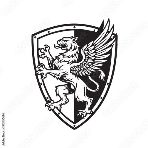 A powerful conceptual heraldic griffin emblem within a classic shield, symbolizing strength, nobility, and mythical protection. This majestic design is perfect for branding