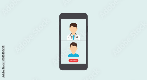 A smartphone screen displays a video call between a doctor and a patient in a simple cartoon style on a light blue background, Generative AI.