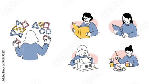 Creative Pursuits: A collection of illustrations showcasing individuals engaged in artistic and intellectual hobbies. The scene celebrates learning and creative expression.