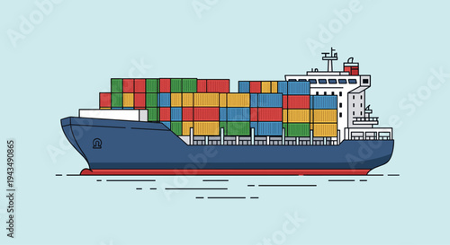 A large blue cargo ship sailing on the ocean with colorful shipping containers stacked on deck, Generative AI.