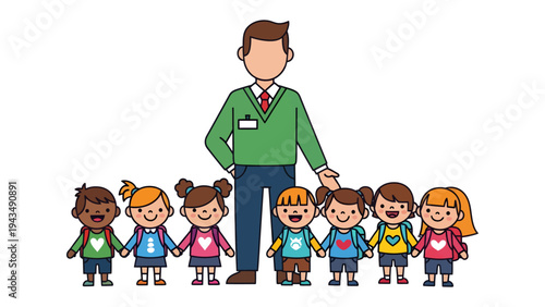 School Group: A diverse group of children stands together with their teacher, symbol of education, unity, and the bond between educators and young learners.