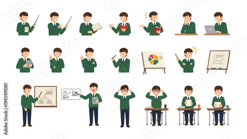 Teacher in various actions: Set of graphic illustrations capturing the essence of an educator engaging in various classroom activities and expressions, each conveying a different aspect of their role.