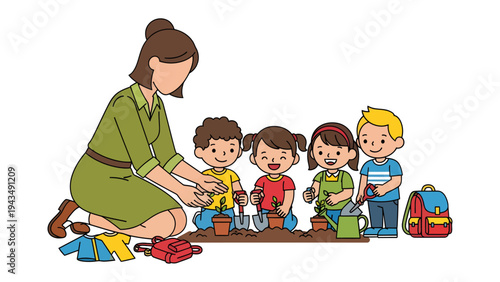Nurturing Young Sprouts: A caring educator guides a group of children as they plant seeds, fostering a love for nature and the joy of growth. 