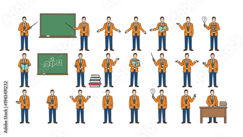 Teacher in Class: An educational illustration showcases a teacher with multiple actions and objects on display, suitable for conveying lesson preparation and classroom teaching.