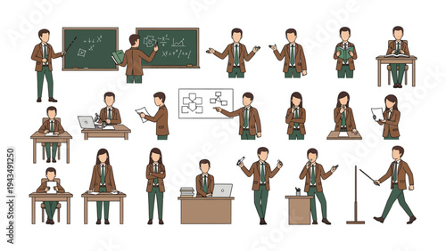 Academic Assembly: A detailed illustration captures an array of educators and students, engaged in diverse educational activities.