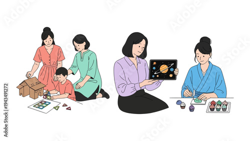 Nurturing Minds and Creativity: A collection of images portraying a caring and supportive female educator interacting with children in diverse learning settings.