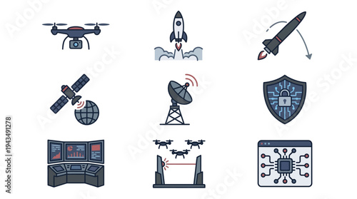 Futuristic Warfare Technology Icon Set – Military Defense Vector Symbols