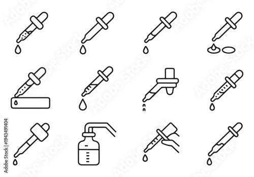 Pipette dropper icons set for cosmetic skin care and medical liquid application in laboratory environments