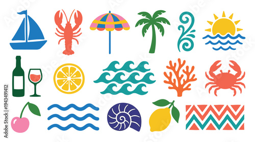 Summer vacation, travel and tourism symbols flat vector illustration set