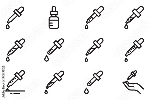 Liquid dropper icon set for medical pharmacy and laboratory research featuring various pipette design styles