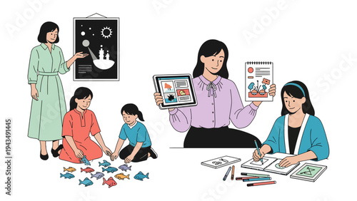Educational Interactions: A teacher and young pupils engaged in various learning activities, using different tools, from drawings and tablet to a presentation.