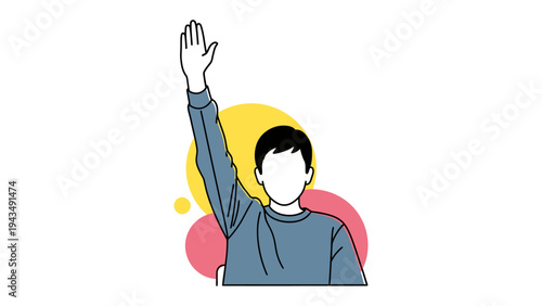 Raising Hand in Illustration: An outline illustration of a person with raised hand, against a backdrop of colorful, abstract shapes. The image conveys themes of participation, engagement.