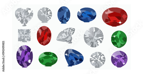 Precious gemstones and diamond cuts vector set ruby sapphire emerald jewelry illustration