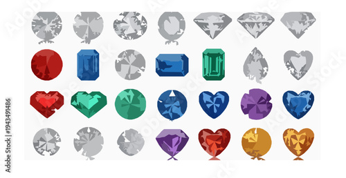 Precious gemstones and diamond cuts vector set ruby sapphire emerald jewelry illustration