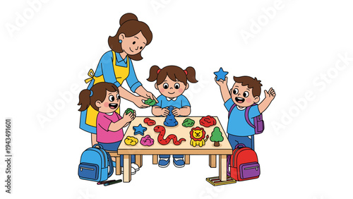 Creative Learning: A nurturing teacher guides young children in an engaging arts and crafts session, fostering creativity and imagination. The children explore shapes and colors with enthusiasm.