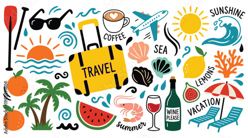 Summer travel doodle set with vacation icons and beach elements