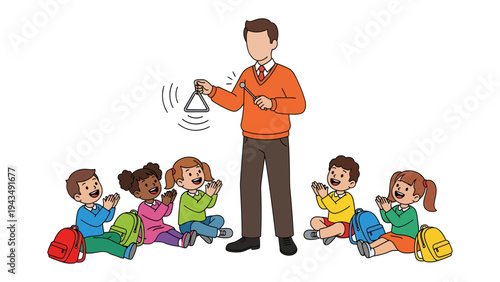 Harmony in the Classroom: An educator engages a circle of attentive children, with the resonant sound of a triangle echoing through a bright classroom setting.