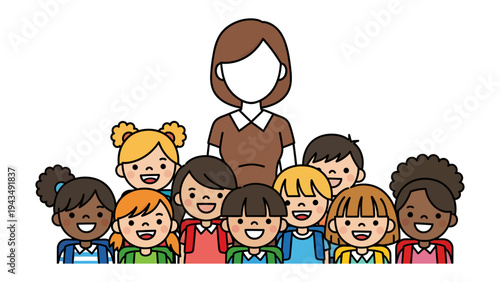 School Friends and Tutor: A diverse group of children smiles with their tutor, creating an environment of learning. This image captures the essence of cooperation, friendship and education.