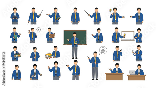 Teacher Poses: A compilation of illustrations showcasing a male teacher in a variety of dynamic poses. Each pose reflects different actions and emotions, providing a comprehensive visual guide.