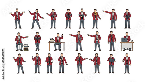 Photographer Poses: A diverse collection of illustrated poses showcasing a photographer in various professional contexts, from portrait sessions to candid shots, capturing the essence of the craft.