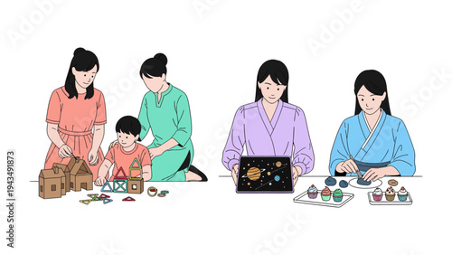 Art of Motherhood: Moments of maternal warmth and creativity unfold as a mother engages in diverse activities with her children. Building blocks, crafting and exploring artwork together.