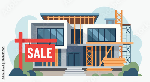 A modern house under construction with a sale sign in the front yard, Generative AI.