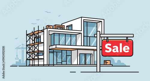 Modern house with sale sign in front under construction partially built, Generative AI.