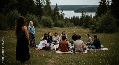 Group of diverse young adults sitting in a circle for picnic gathering in nature meadow