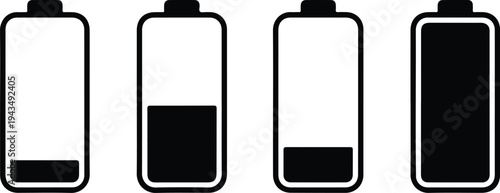 Black battery status icons showing different charge levels from low to full isolated on white background for mobile interface design.
