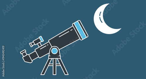 A telescope on a tripod stands under a crescent moon in the night sky with a dark blue background, Generative AI.