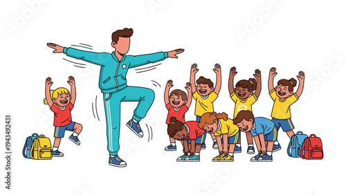 Movement and Joy: A vibrant scene captures the essence of a group fitness class, led by an instructor with a lively and enthusiastic exercise session. The children, brimming with energy.