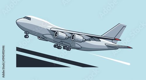 Large gray airplane flying through light blue sky with contrails, Generative AI.