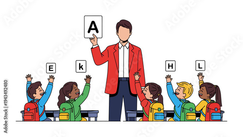 Teacher Leading Students: A dedicated educator in a classroom setting guides a group of enthusiastic students through an educational lesson.