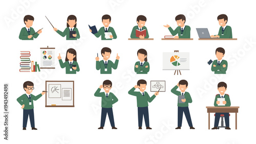 Teacher's Diverse Poses and Activities: A vibrant collection of teacher figures engaging in a variety of activities, from teaching and presenting to reading and using technology.