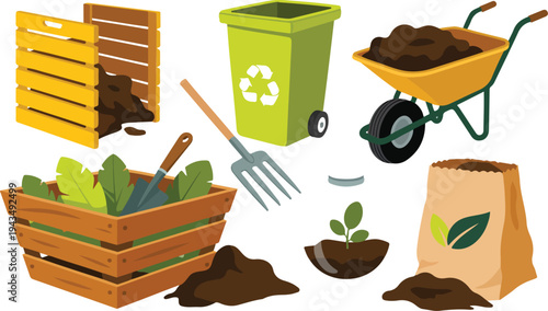 Collection of organic composting garden tools including compost bin wheelbarrow pitchfork soil bags and recycling containers for sustainable gardening.