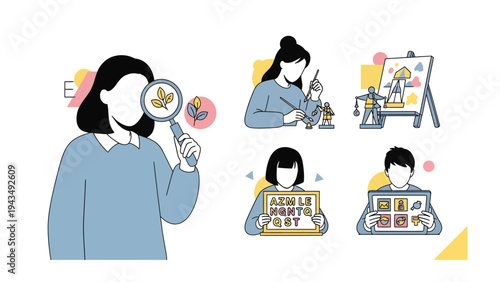 Creative Exploration: Illustrated representation of a female exploring and creating through various artistic and scientific pursuits. She is involved in different activities.